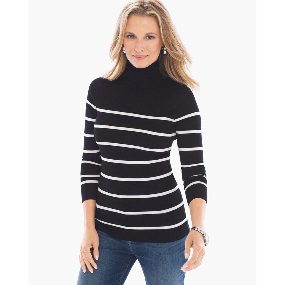 Chico's Black Striped Rachel Turtleneck Long Sleeve Pullover Sweater Womans 3/XL